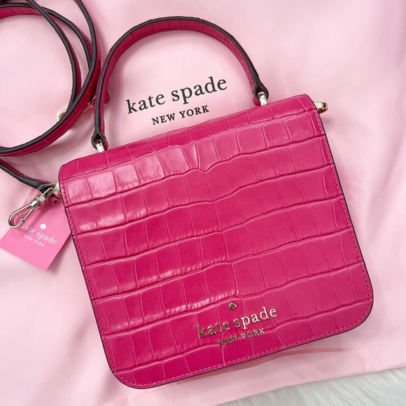 NWT Kate Spade New York Croc Embossed Staci Square Crossbody Bag In Festive Pink - Picture 3 of 8
